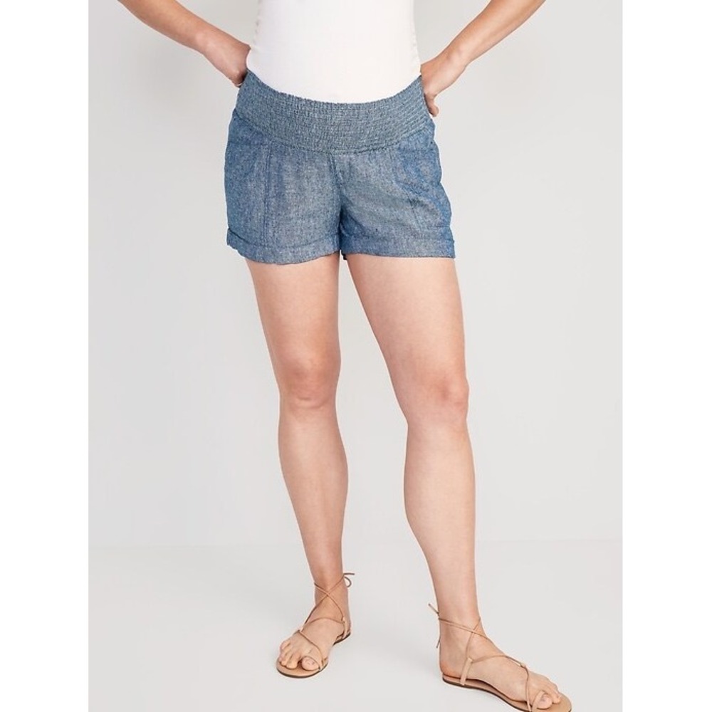 Old Navy Maternity Linen Blend‎ Smocked Shorts Blue Chambray XL New
